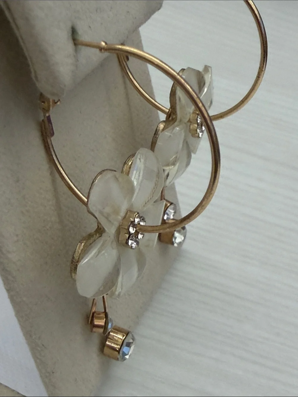 Gold Hoop Earrings with White Flower Drops and Crystal Accents